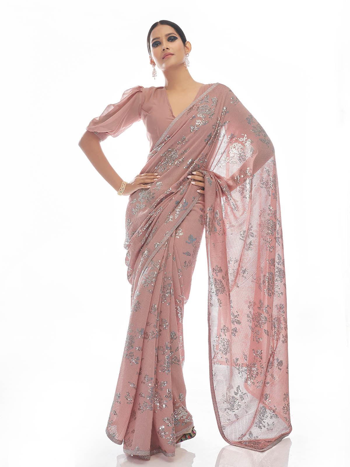 Georgette Saree With Rose Sequin Work in Dusty Peach Sarees by Shobitam -  Etsy